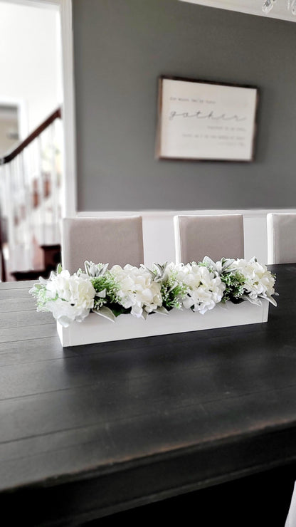 Farmhouse Table Centerpiece – Rustic Wooden Box with Silk Hydrangea Flowers