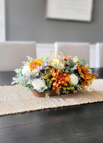 Fall table arrangement fall arrangement dough bowl fall kitchen decor farmhouse arrangement fall candle fall pumpkin sunflower arrangement