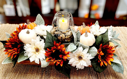 Fall Dining Room Arrangement Fall Fake Flower Sunflower Centerpiece Orange Sunflower Dough Bowl Arrangement Fall Candle Holder Centerpiece