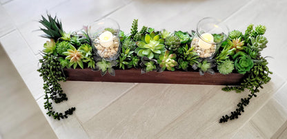 Farmhouse style long 25” Spring table arrangement in wood planter box Spring succulents in wood box mantle box Succulents arrangement