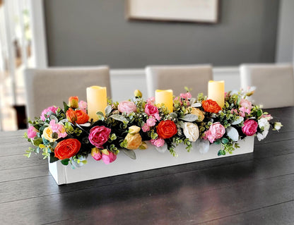 Dining Room Arrangement Peony Silk Flower Coral Flowers Peach Flower Arrangement Spring Table Decor Wood Box Table Centerpiece With Candles