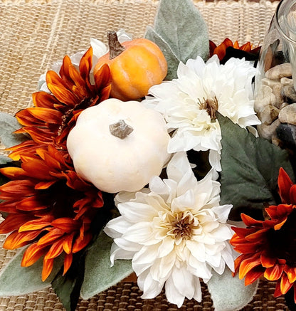 Fall Dining Room Arrangement Fall Fake Flower Sunflower Centerpiece Orange Sunflower Dough Bowl Arrangement Fall Candle Holder Centerpiece