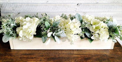Spring Floral Arrangement Dining Table Long Box Centerpiece Hydrangea Flower Table Arrangement Wood Box Mantel Arrangement White Hydrangeas