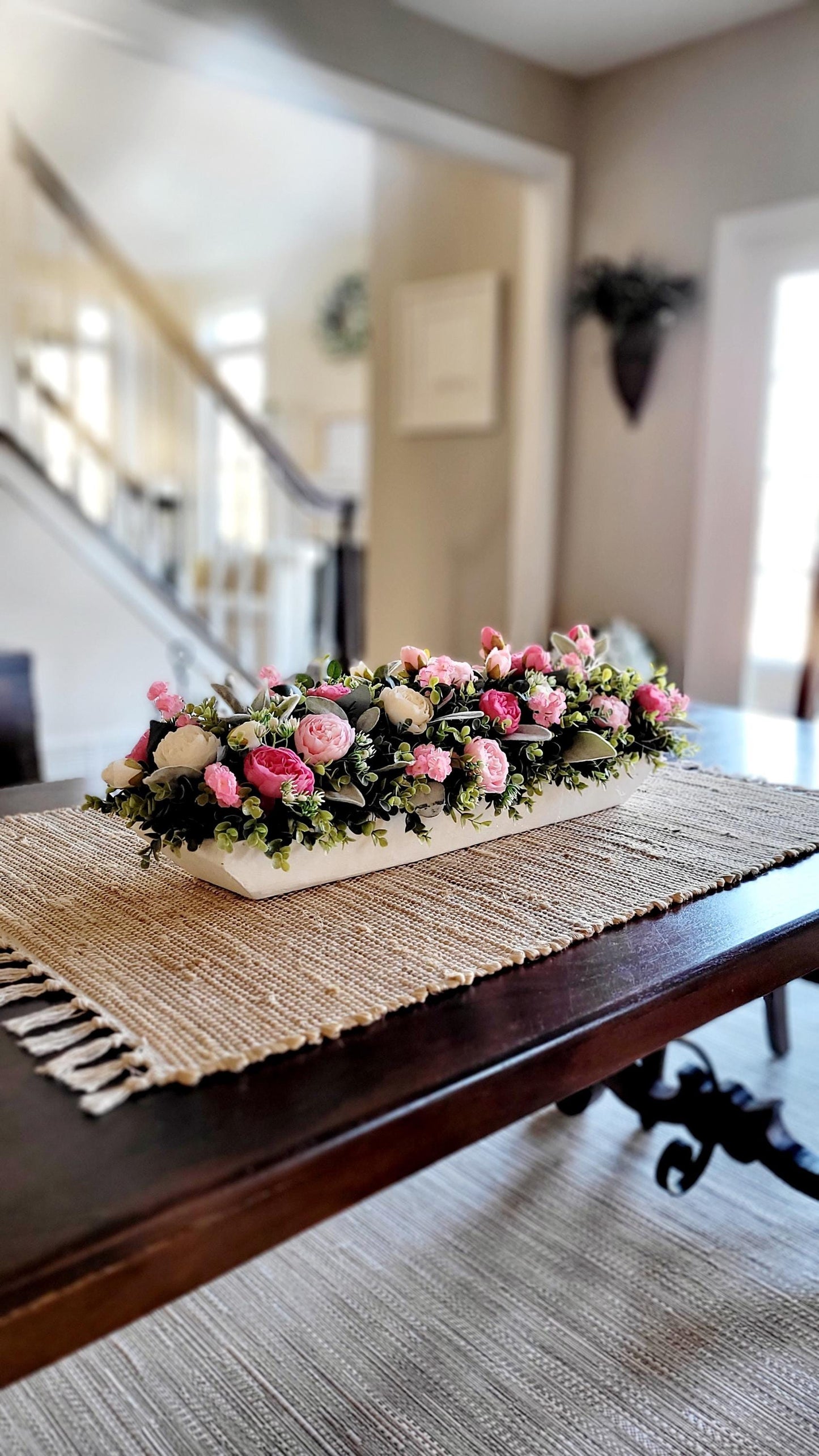 pink white decor pink wedding floral arrangement peony dough bowl dining room table arrangement Pink flower decorations spring decor mantle