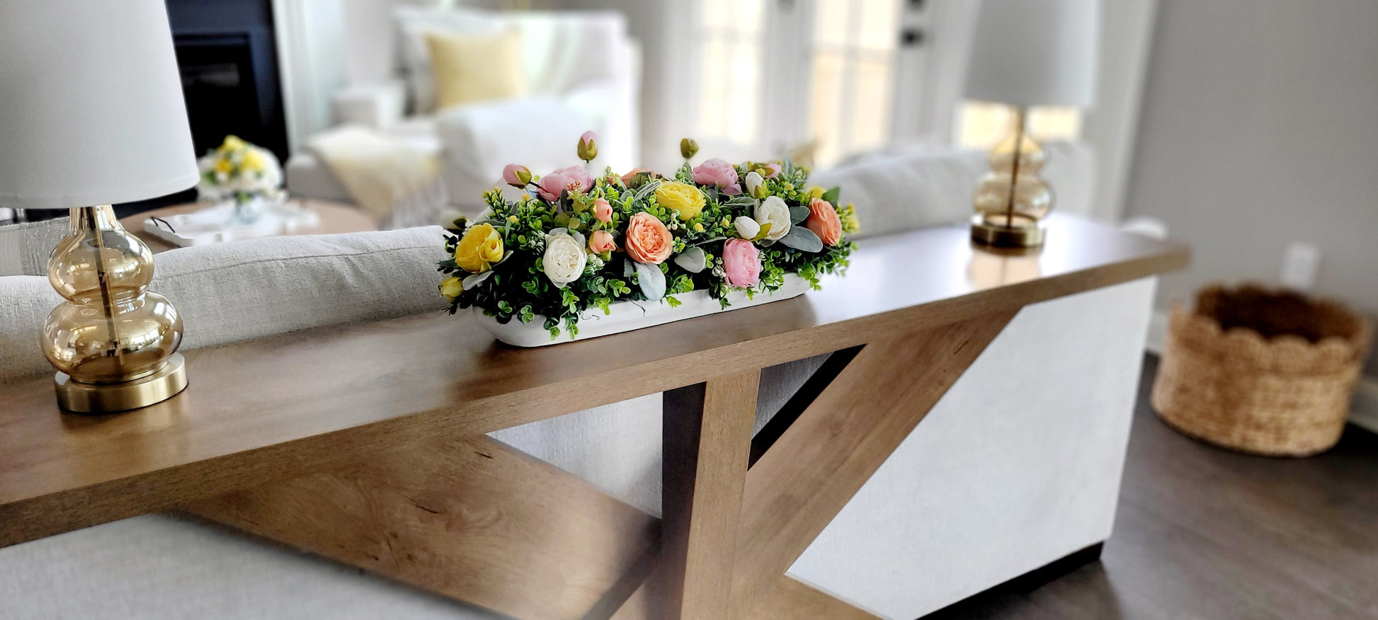 Peach Rose Centerpiece Silk Peony Flower Arrangement Rustic Dough Bowl Display Faux Floral Collection Dining Table Styling Artificial Greenery Accents Pastel Pink Blossoms Farmhouse Home Enhancement Elegant Mantle Piece Wedding Reception
