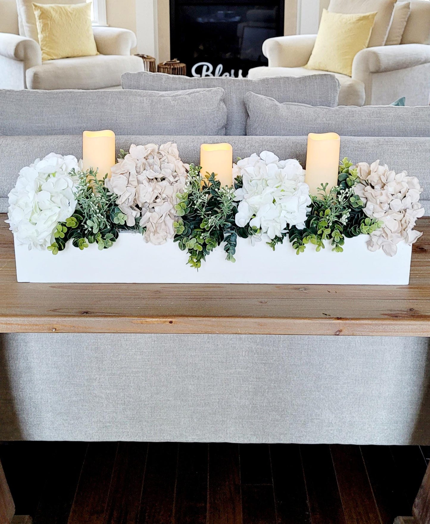 Neutral Floral Arrangement Dining Table Centerpiece Minimalist Home Decor Faux Hydrangea Display Artificial Flower Arrangement Glass Vase Design Battery Operated Candles Included Elegant Table Setting Perfect Home Accent Realistic Looking