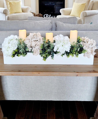 Neutral Floral Arrangement Dining Table Centerpiece Minimalist Home Decor Faux Hydrangea Display Artificial Flower Arrangement Glass Vase Design Battery Operated Candles Included Elegant Table Setting Perfect Home Accent Realistic Looking