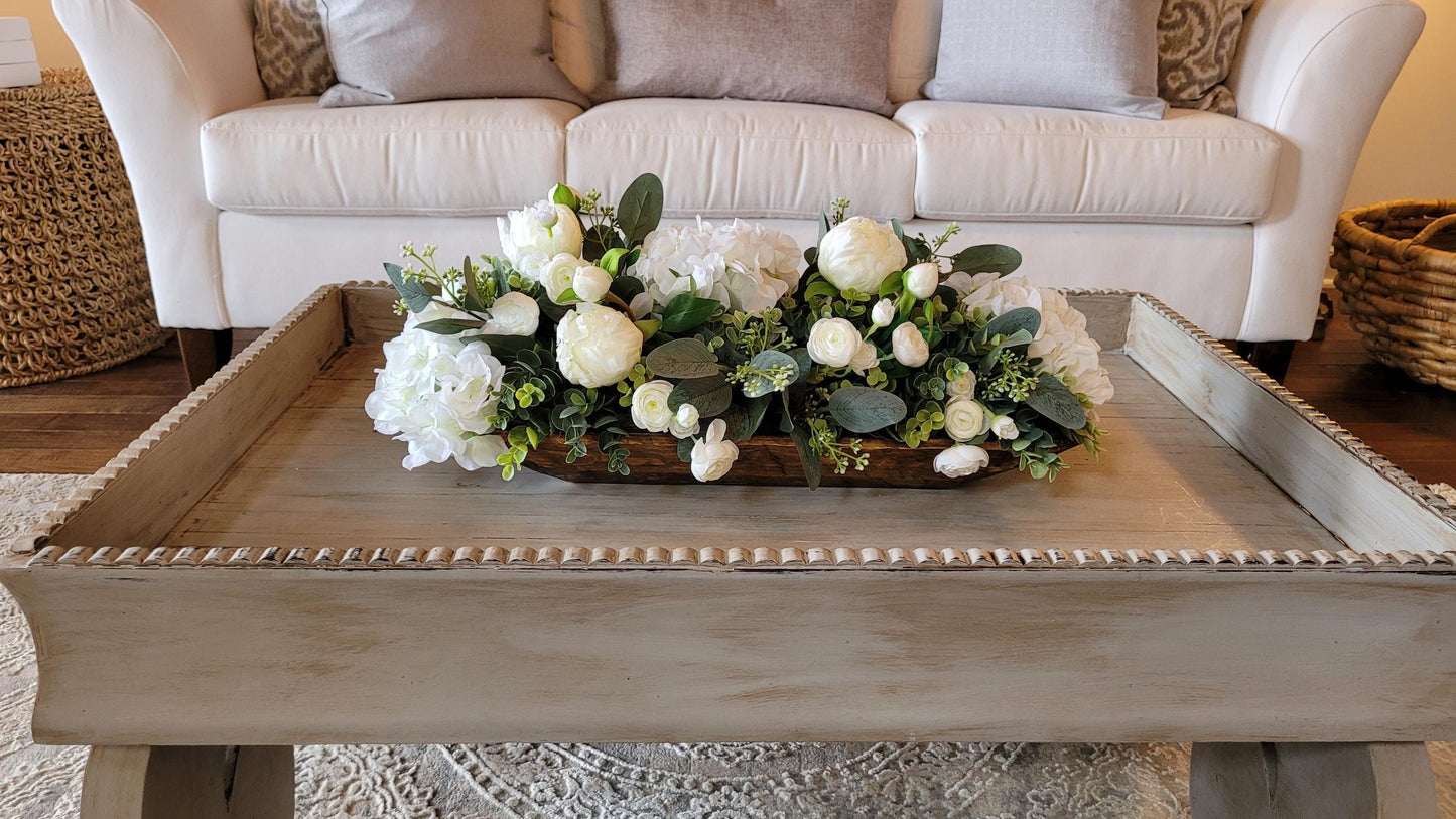 Dining Table Centerpiece – Silk Roses Peonies Hydrangeas in Dough Bowl