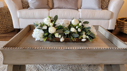 Dining Table Centerpiece – Silk Roses Peonies Hydrangeas in Dough Bowl