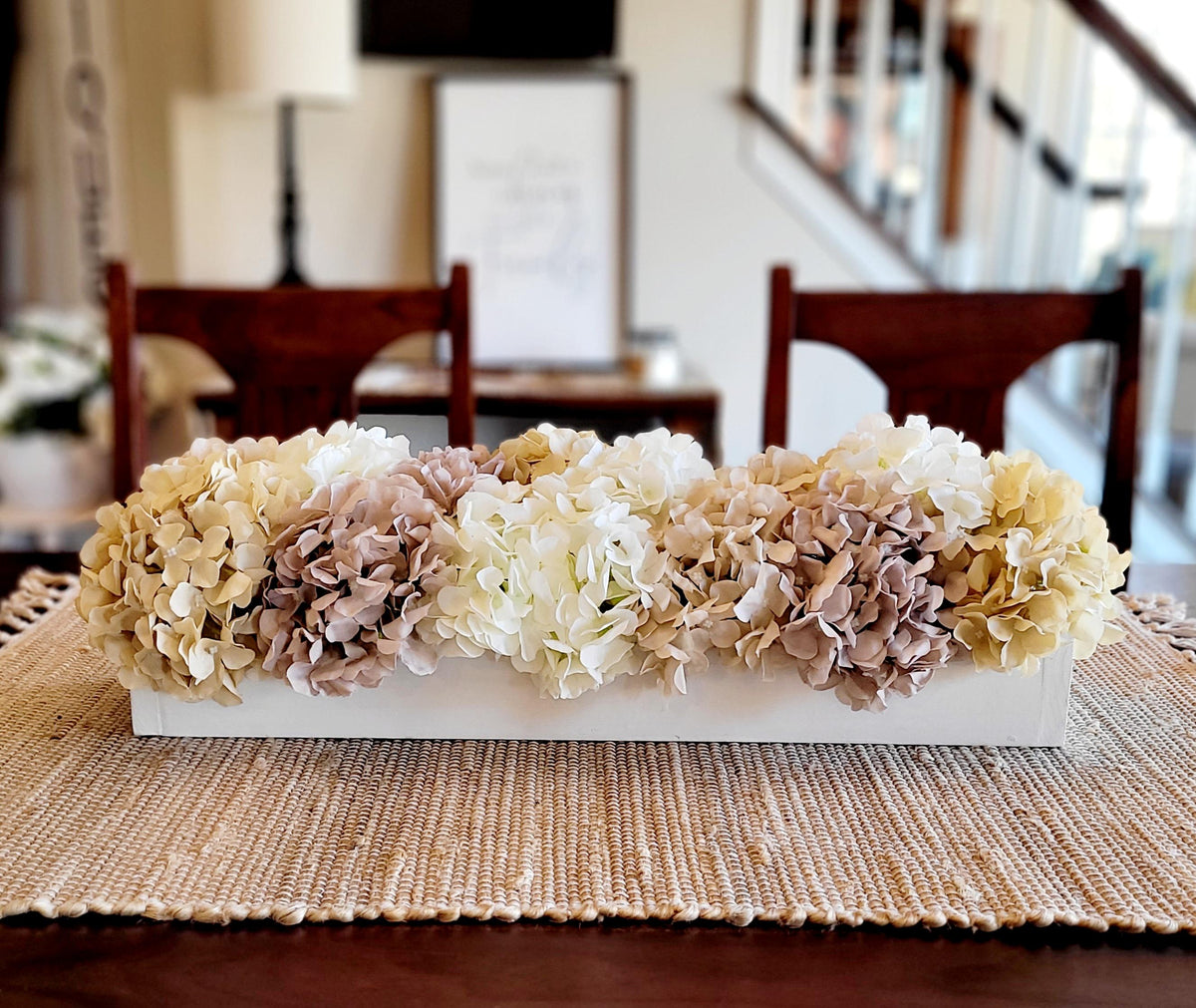 Farmhouse Box Arrangement White Hydrangea Centerpiece Dining Table Decor Neutral Color Scheme Artificial Floral Display Custom Wood Container Table Decoration Wedding Reception Accent Elegant Home Design Mantle Display Piece Silk Faux