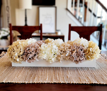 Farmhouse Box Arrangement White Hydrangea Centerpiece Dining Table Decor Neutral Color Scheme Artificial Floral Display Custom Wood Container Table Decoration Wedding Reception Accent Elegant Home Design Mantle Display Piece Silk Faux