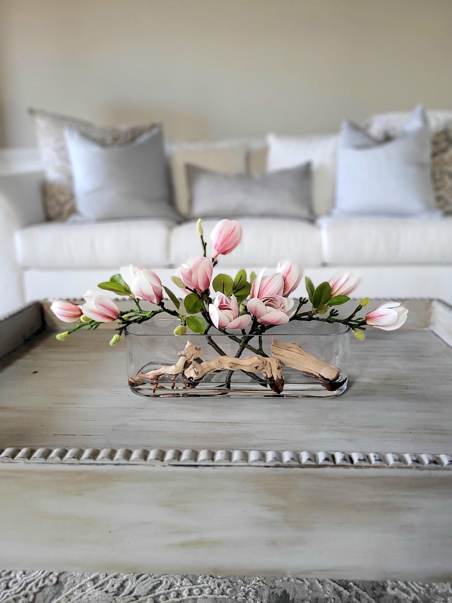 Silk Magnolia Modern Glass Arrangement
