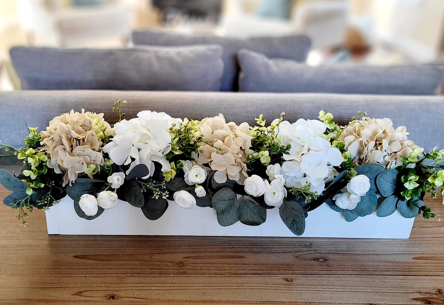 Housewarming Gift Idea Farmhouse Table Centerpiece Silk Hydrangea Arrangement Rustic Wooden Box Container Artificial Flower Display Realistic Blooms Faux Eucalyptus Greenery Dining Room Decoration Custom Color Options Country Home Style