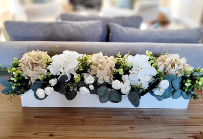 Housewarming Gift Idea Farmhouse Table Centerpiece Silk Hydrangea Arrangement Rustic Wooden Box Container Artificial Flower Display Realistic Blooms Faux Eucalyptus Greenery Dining Room Decoration Custom Color Options Country Home Style