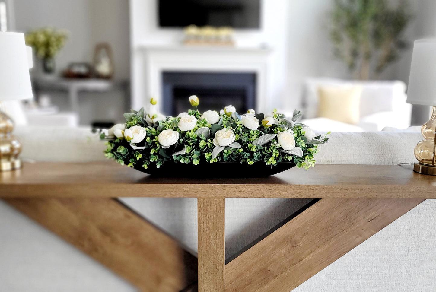 Cream Peony Flower Arrangement in Wood Dough Bowl