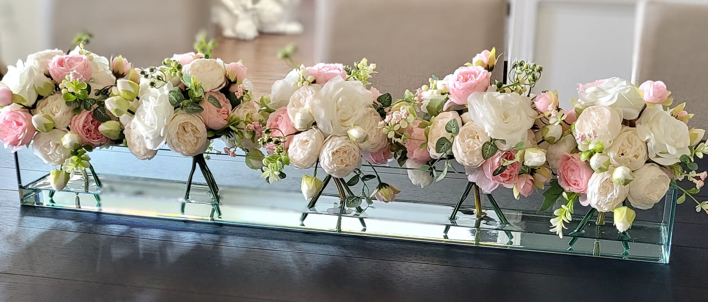 Silk Flower Arrangement Clear Glass Modern Dining Table Centerpiece Bridal Arrangement Long Rectangular Vase Real Touch Roses Flower Peony