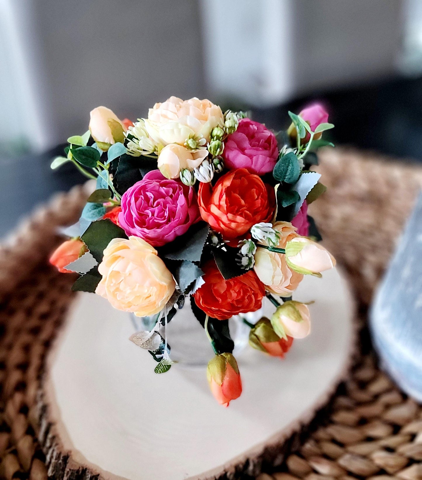 Realistic Silk Peonies Glass Vase Centerpiece Faux Flower Arrangement Spring Display Colorful Home Styling Perfect Gift Mom Maintenance Free Artificial Greenery Bathroom Table Accent Dining Room Kitchen Counter Quality Resin Water Effect