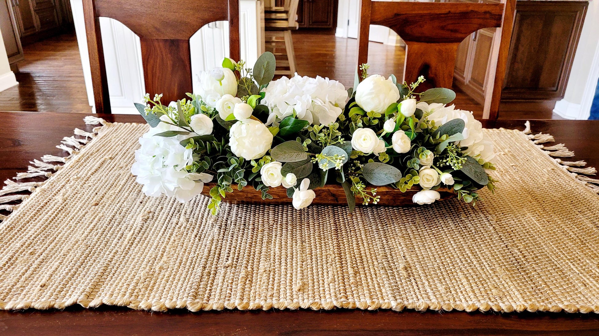 Dough Bowl Arrangement Silk Flower Centerpiece Roses Peonies Hydrangeas Display Spring Table Styling Artificial Greenery Collection Farmhouse Rustic Design Perfect Kitchen Island Display Housewarming Gift Ready Elegant Home Styling Faux
