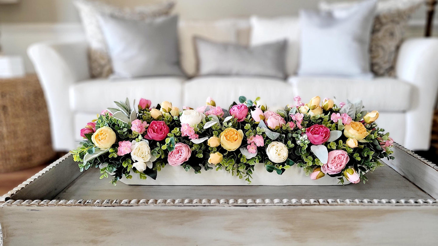 Dough Bowl Centerpiece Farmhouse Style Arrangement Silk Peony Flowers Rustic Wood Container Elegant Floral Display Perfect Mantle Decor Spring Summer Blooms Artificial Greenery Accent Home Styling Essential Dining Table Centerpiece Country