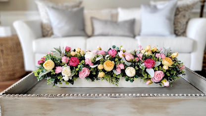 Dough Bowl Centerpiece Farmhouse Style Arrangement Silk Peony Flowers Rustic Wood Container Elegant Floral Display Perfect Mantle Decor Spring Summer Blooms Artificial Greenery Accent Home Styling Essential Dining Table Centerpiece Country