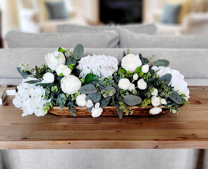 Dining Table Centerpiece Spring Arrangement Silk Roses Peonies Hydrangeas Collection Wooden Dough Bowl Display Artificial Flower Styling Perfect Housewarming Gift Ready Farmhouse Rustic Kitchen Island Elegant Home Styling Year Round Faux