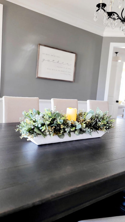 Dining Room Table Arrangement Dough Bowl Farmhouse Table Decor Greenery Spring style Centerpiece candle arrangement greenery kitchen decor
