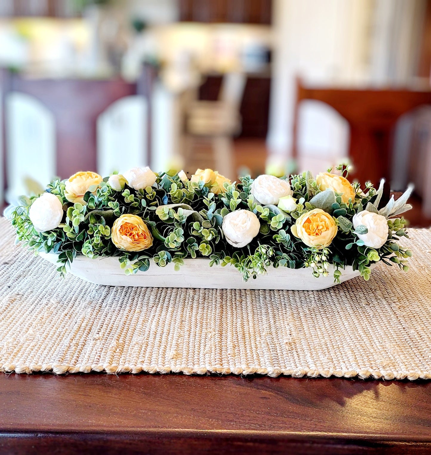 Dough Bowl Centerpiece – Handcarved Whitewash Silk Peony Farmhouse Arrangement