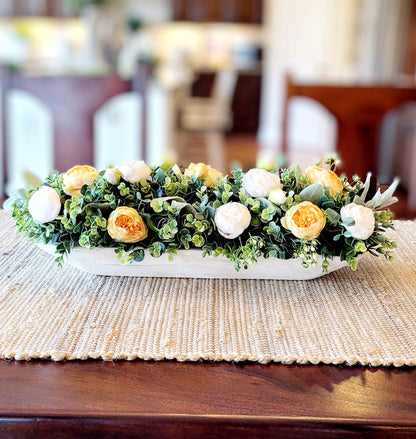 Dough Bowl Centerpiece – Handcarved Whitewash Silk Peony Farmhouse Arrangement