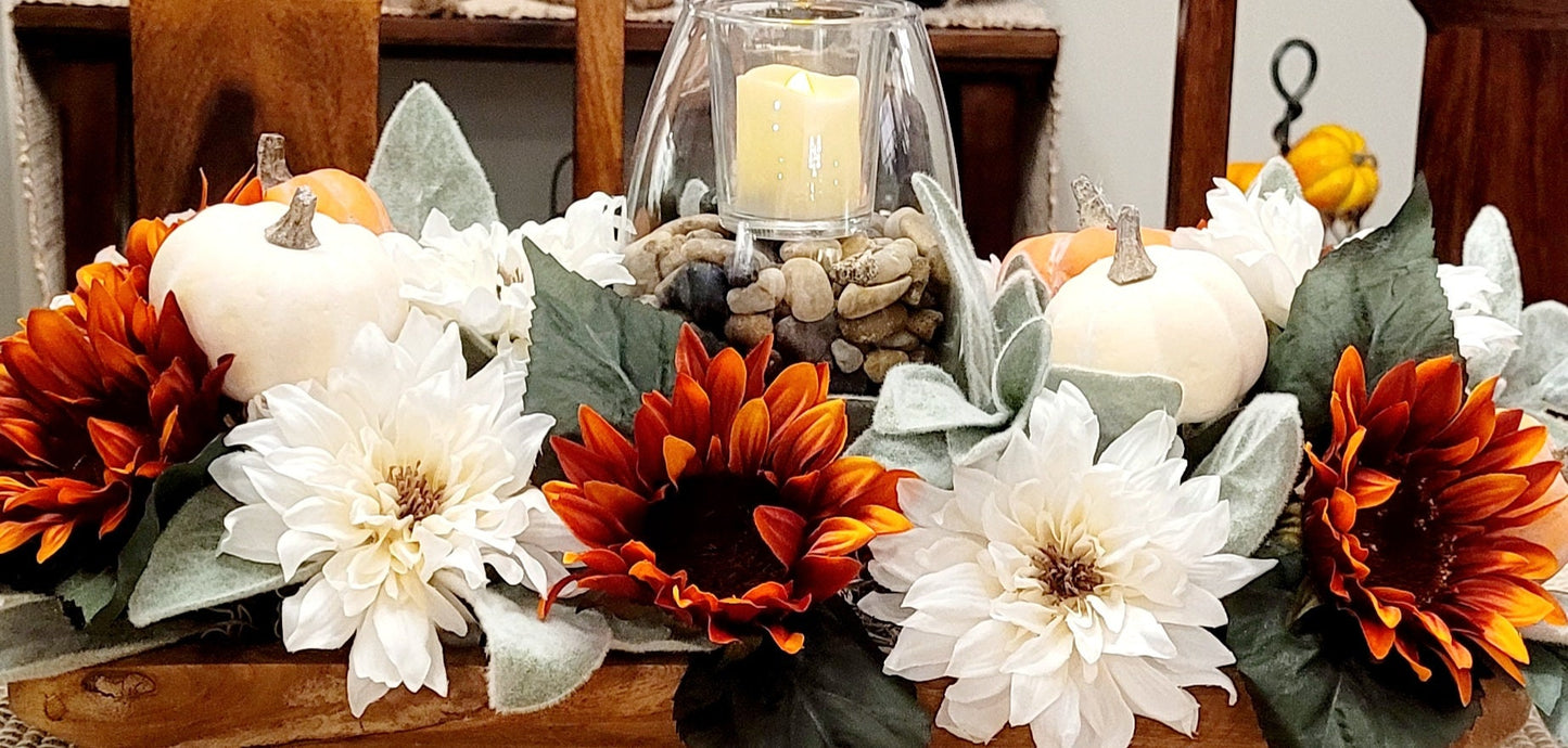 Fall Dining Room Arrangement Fall Fake Flower Sunflower Centerpiece Orange Sunflower Dough Bowl Arrangement Fall Candle Holder Centerpiece