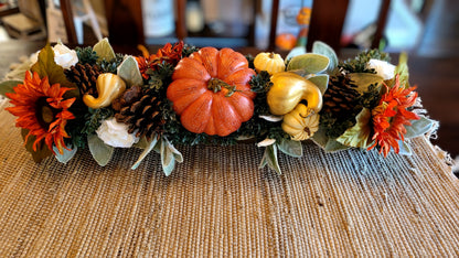 Fall Pumpkins Arrangement in 25” long wood planter box fall centerpiece in wood box fall flowers for mantle in wooden planter box