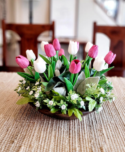 Tulip Centerpiece Lifelike Silk Flowers Rustic Dough Bowl Arrangement Dining Table Decor Yellow Flower Display Realistic Floral Design Farmhouse Style Decoration Spring Summer Home Accent Country Kitchen Table Centerpiece Round Table