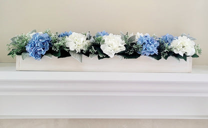 Long Centerpiece Arrangement Blue Hydrangea Wood Box Display Farmhouse Dining Table Styling Rustic Mantel Accent White Wash Finish Custom Box Design Cream Flowers Light Blue Blooms Lambs Ear Greenery Perfect Wedding Reception Centerpiece