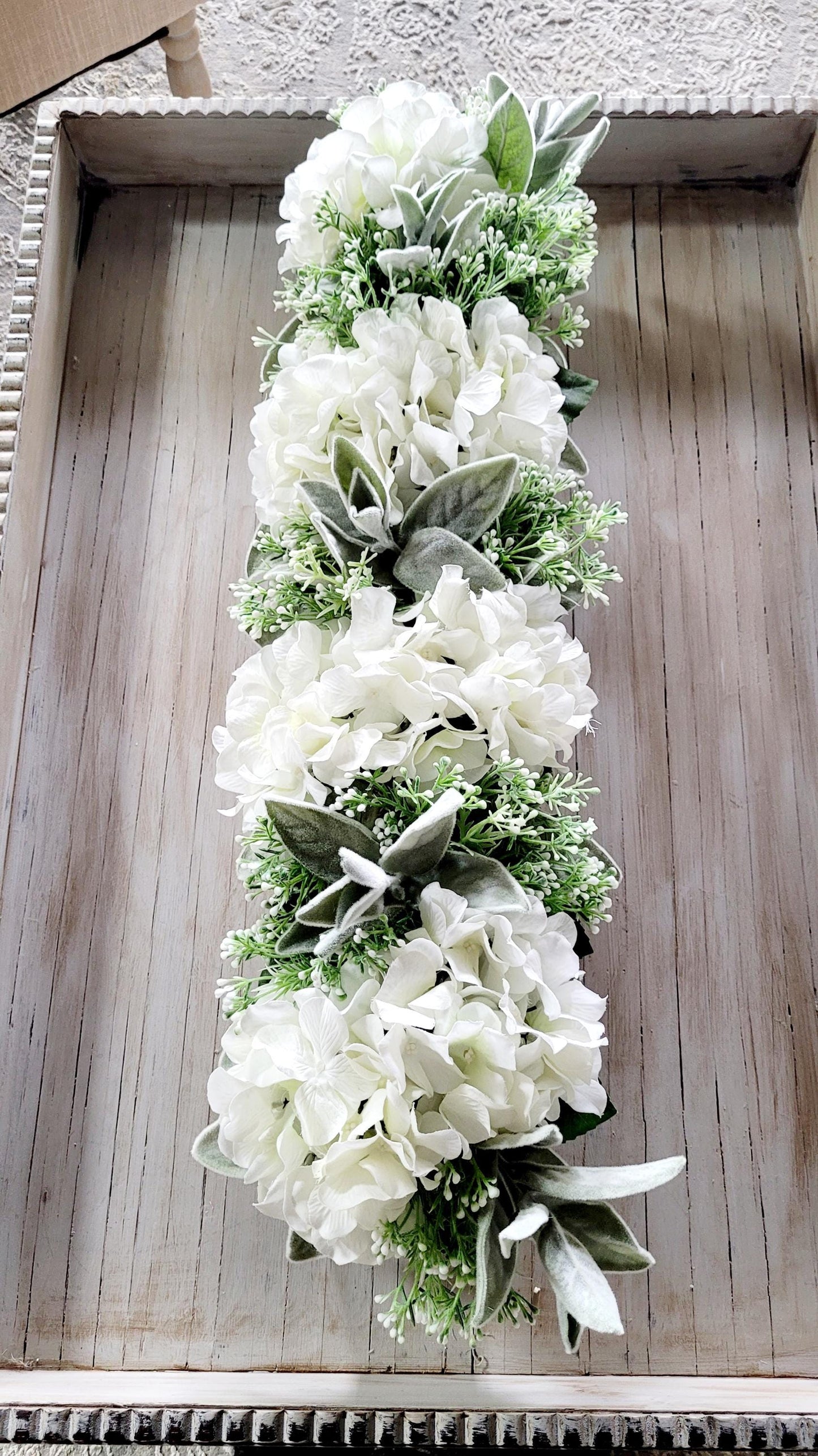 Wooden Box Centerpiece Farmhouse Table Arrangement Silk Hydrangea Collection Versatile Home Decoration Mantle Display Option Dining Table Accent Custom Built Container Faux Floral Design Realistic Artificial Flowers Beautiful Interior