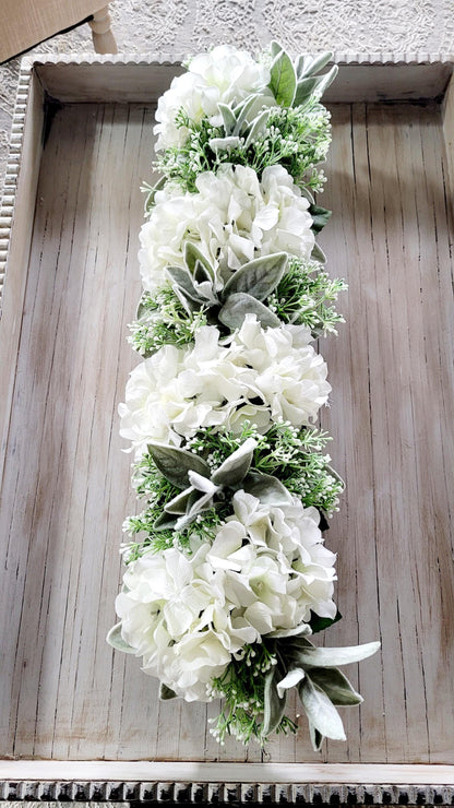 Wooden Box Centerpiece Farmhouse Table Arrangement Silk Hydrangea Collection Versatile Home Decoration Mantle Display Option Dining Table Accent Custom Built Container Faux Floral Design Realistic Artificial Flowers Beautiful Interior