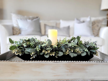 Dough Bowl Centerpiece – Rustic Farmhouse Table Decor with Faux Eucalyptus