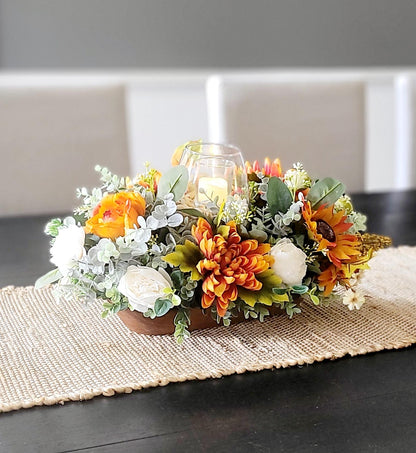 Fall table arrangement fall arrangement dough bowl fall kitchen decor farmhouse arrangement fall candle fall pumpkin sunflower arrangement
