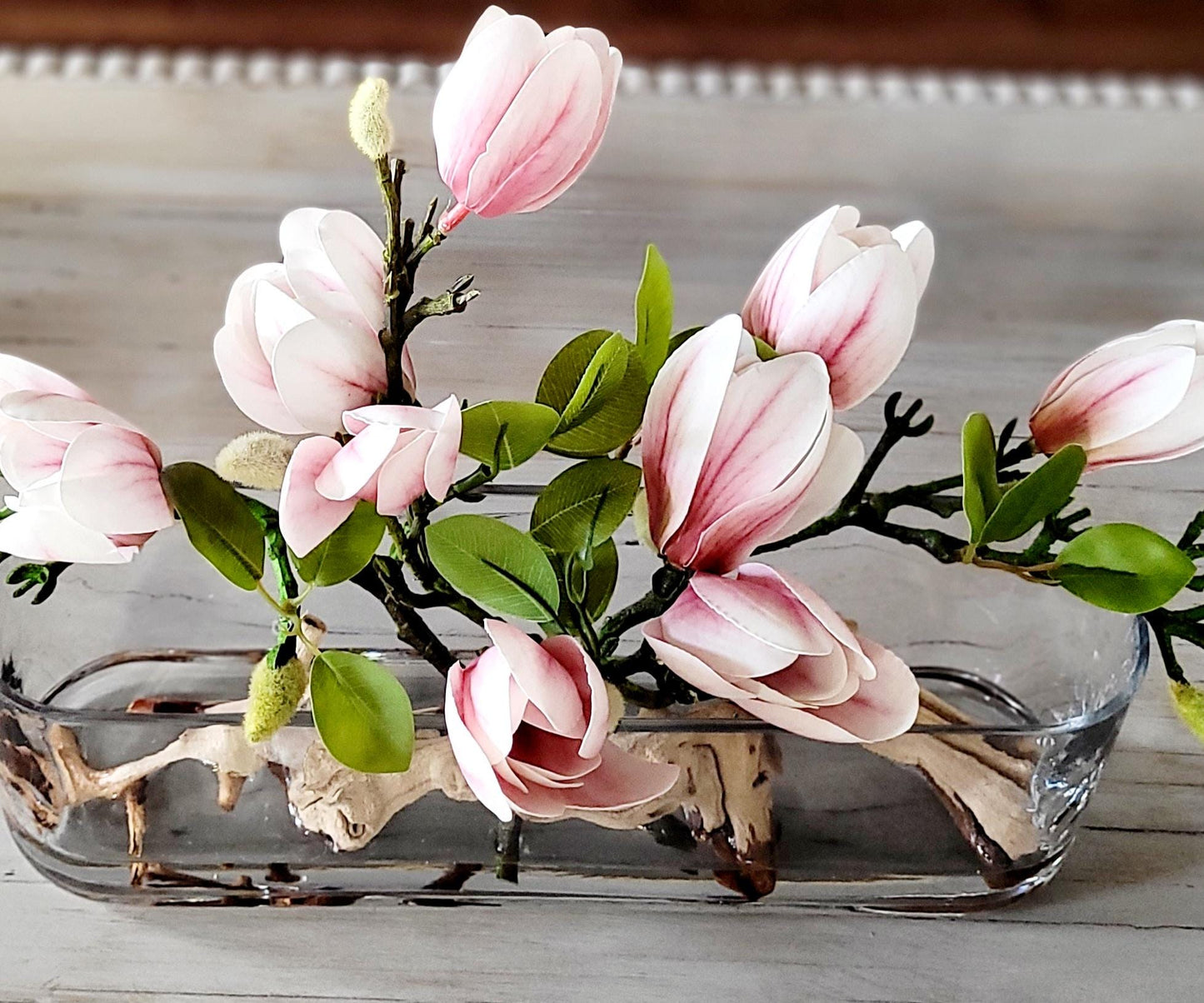 Silk Magnolia Modern Glass Arrangement