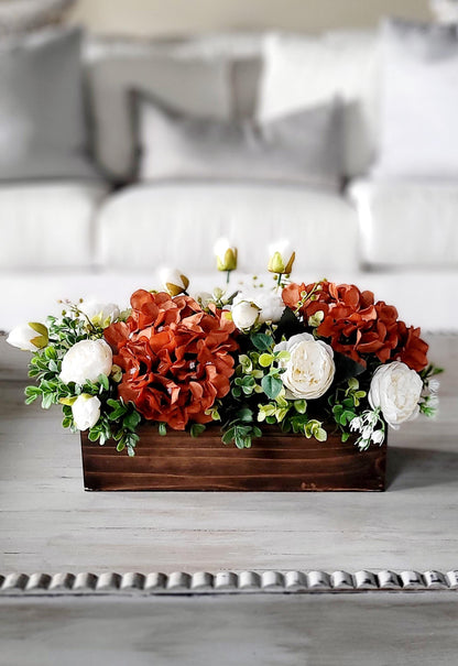 Flower Arrangement Peony Silk Flower Red  Flower centerpiece Spring Table Decor Wood Box Table Centerpiece Hydrangea Flower Gift new home