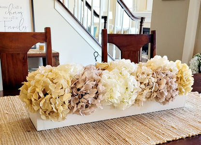 Dining Table Centerpiece – White Hydrangea Floral Arrangement in Farmhouse Box