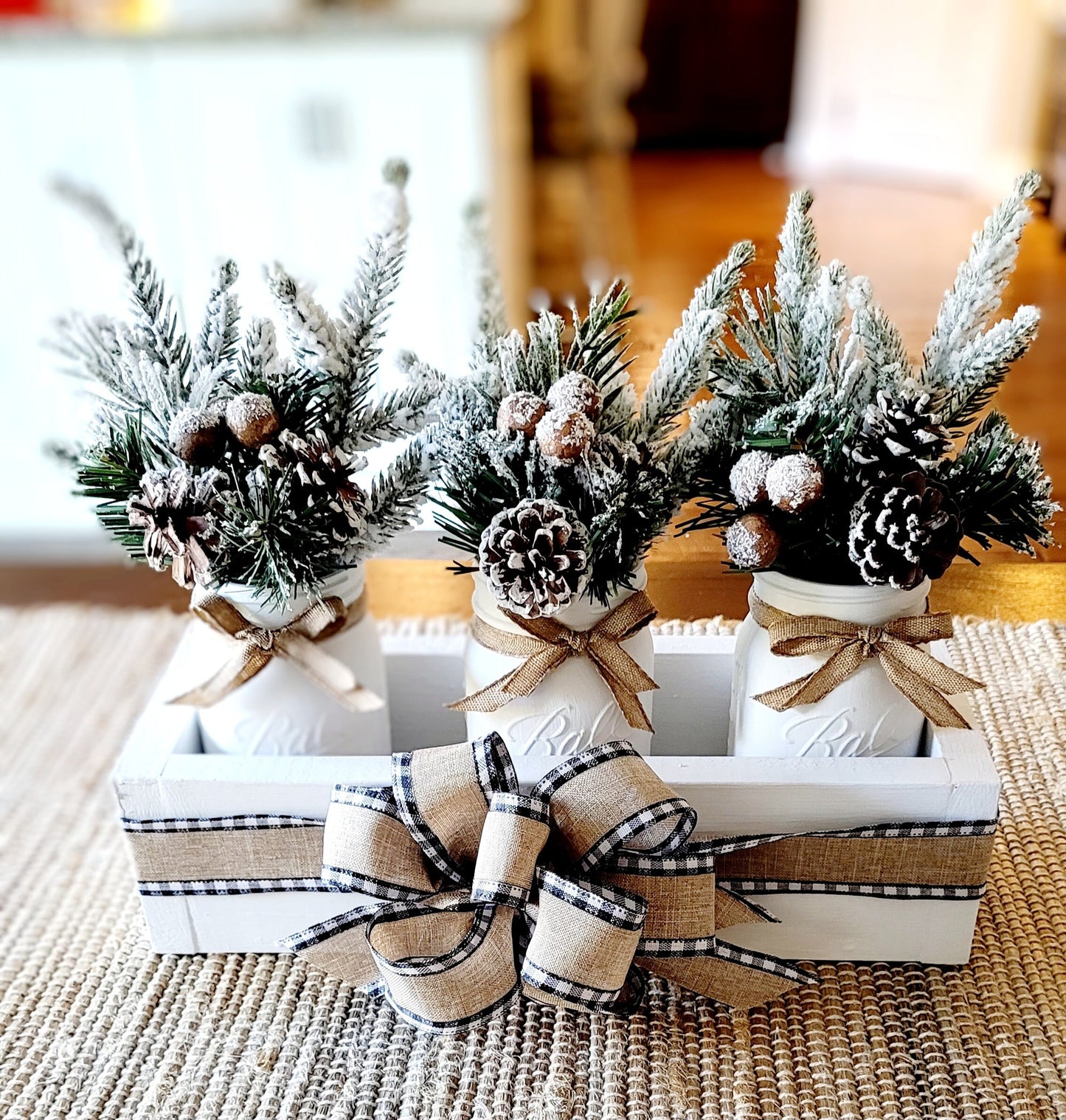 Winter Floral Arrangement Long Wood Box Dining Table Winter Arrangement Mason Jar Holiday Centerpiece Elegant Floral arrangement Mason Jar