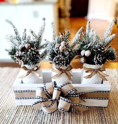 Winter Floral Arrangement Long Wood Box Dining Table Winter Arrangement Mason Jar Holiday Centerpiece Elegant Floral arrangement Mason Jar