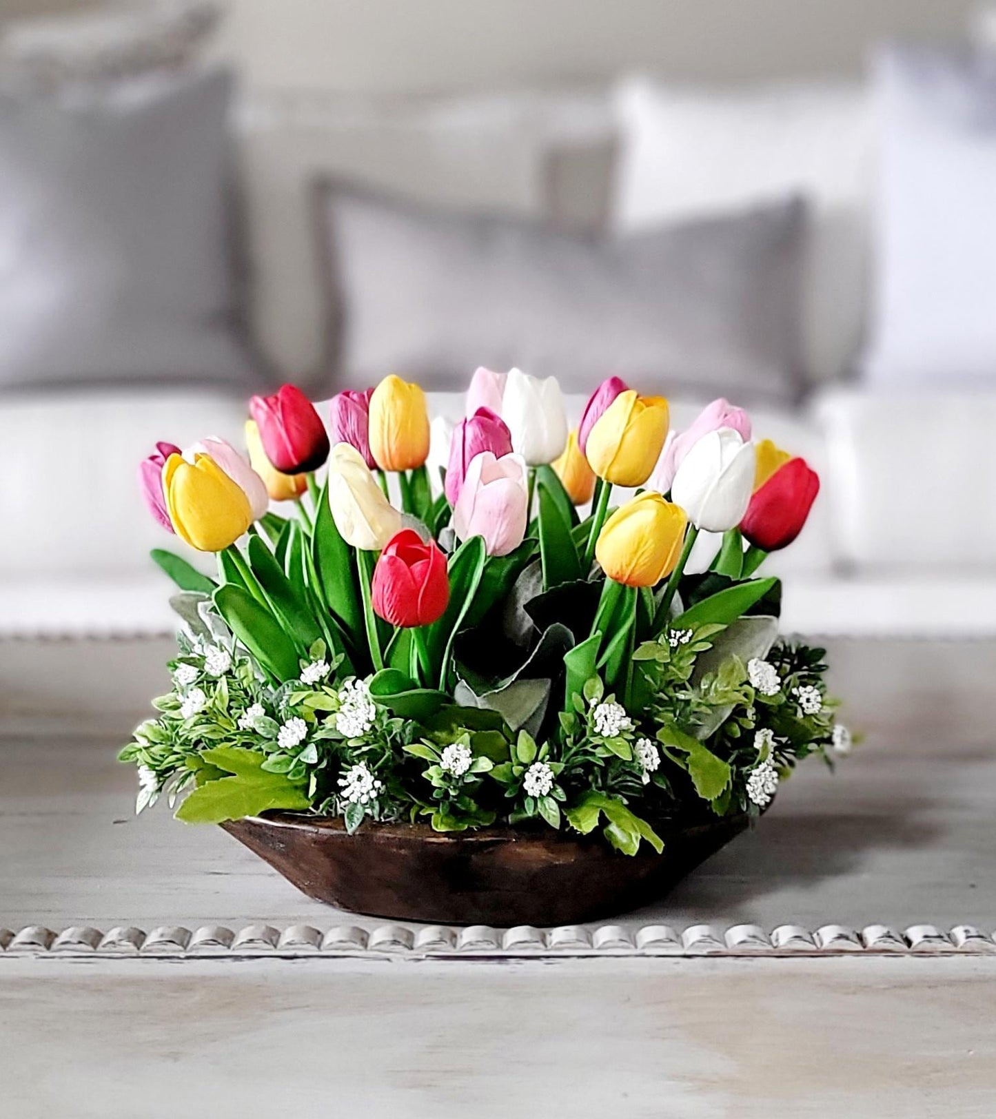 Rustic Dough Bowl Tulip Arrangement Yellow Flower Centerpiece Farmhouse Home Styling Dining Table Decor Beautiful Lifelike Flowers Realistic Silk Blooms Spring Summer Decoration Perfect Table Accent Handcrafted Floral Design Country Home