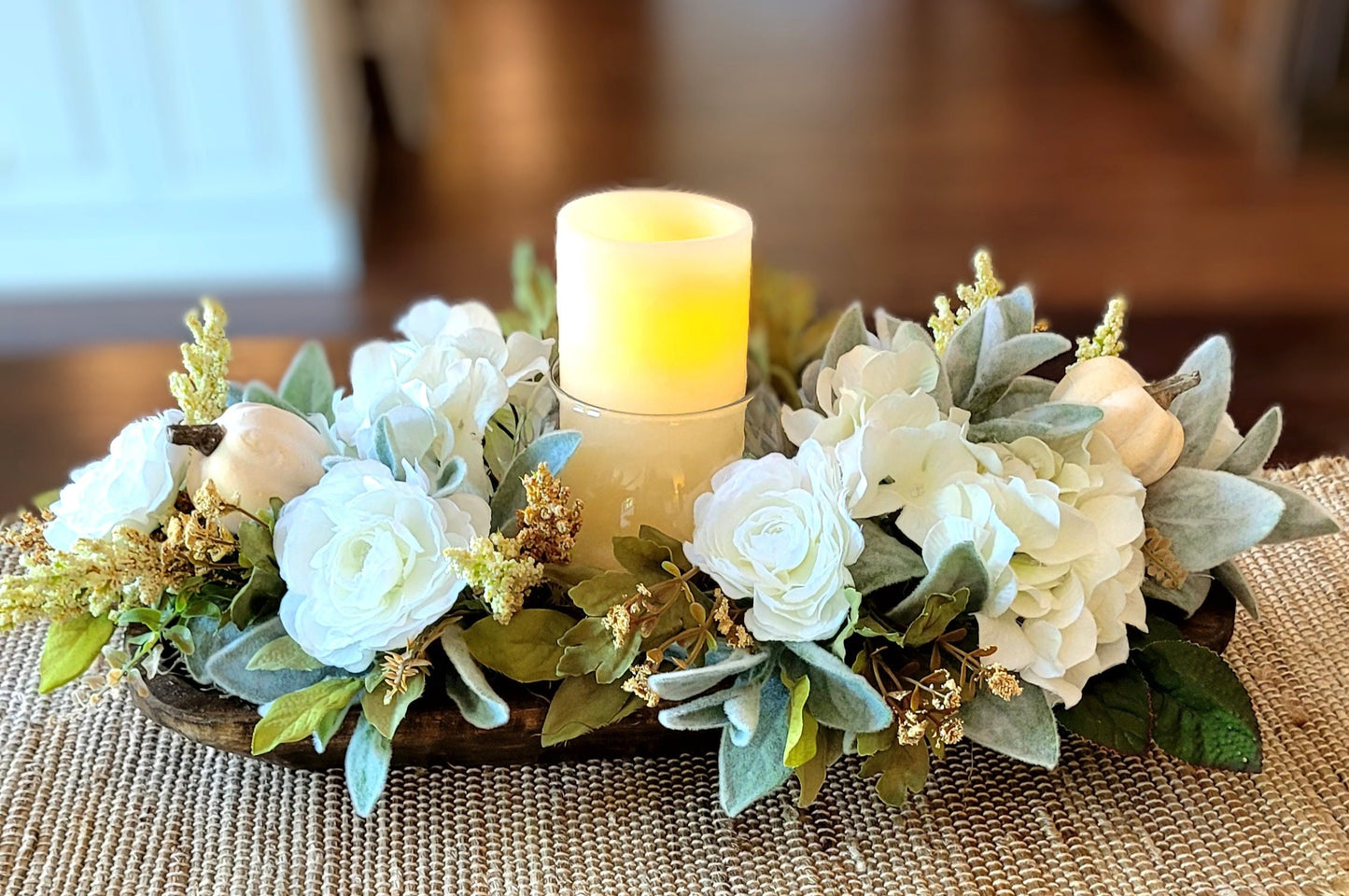 Fall Floral Arrangement Dining Table Fall Centerpiece Fall Flowers Dough Bowl Fall Centerpiece Fall Candle Centerpiece Pumpkin Dough Bowl