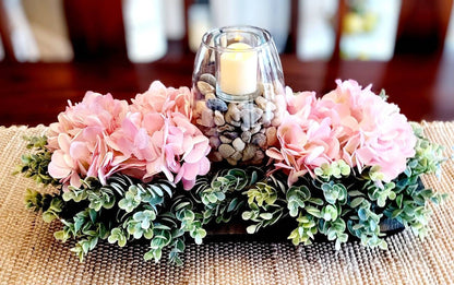 Rustic Wood Floral Centerpiece Hydrangea Farmhouse Dough Bowl Pink Hydrangea Farmhouse Arrangement Candle Centerpiece Dough Bowl Decor