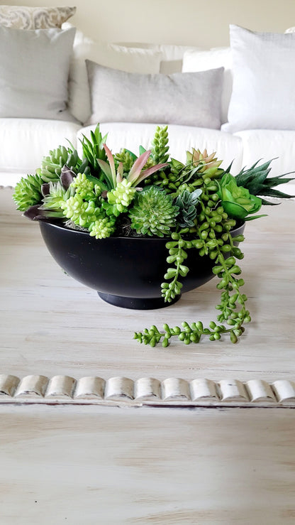 Faux Succulent Arrangement – Modern Office Gift in Black Ceramic Planter