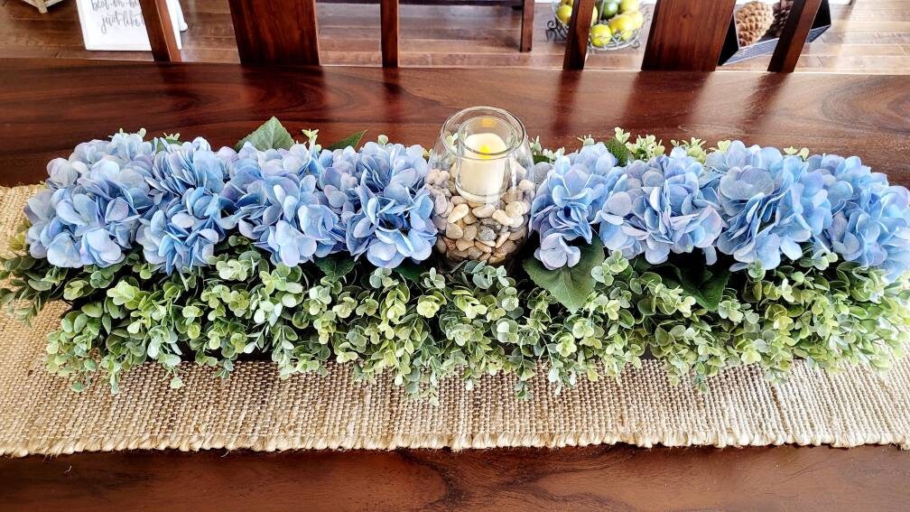 Rustic Table Centerpiece Blue Hydrangea Display Farmhouse Wood Box Design Natural Finish Container Handcrafted Home Decor Beautiful Floral Arrangement Dining Table Accent Long Box Centerpiece Custom Wood Finish Country Style Decoration