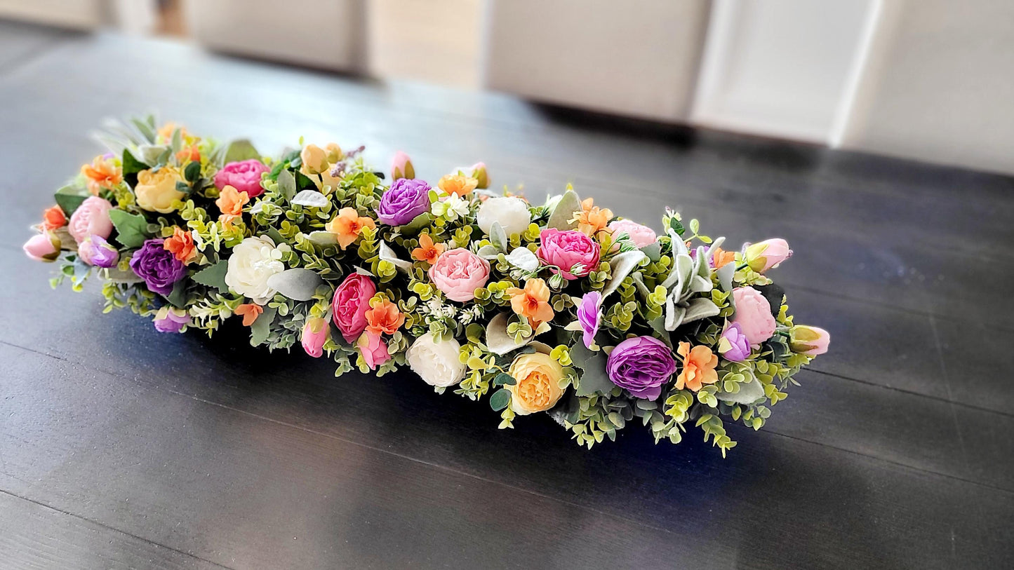 Faux Peony Centerpiece – Spring Floral Arrangement in Wooden Dough Bowl