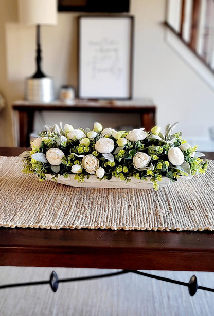 Dining Table Centerpiece White Floral Arrangement Farmhouse Style Decor Shabby Chic Design Artificial Flower Display Custom Dough Bowl Container Faux Peonies Roses Collection Realistic Looking Greenery Elegant Table Accent Year Round Indoor