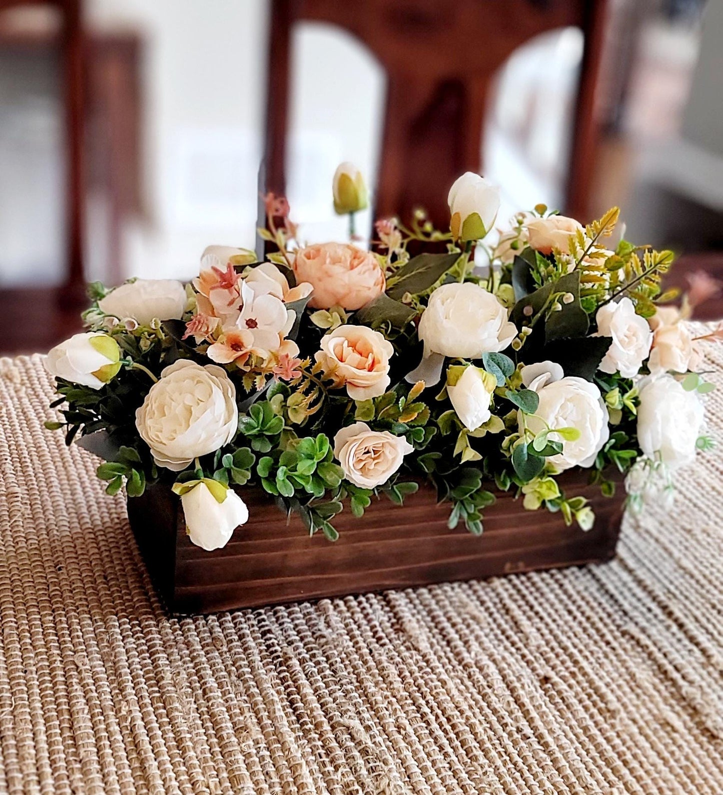 Rustic Table Centerpiece Farmhouse Wood Box Silk Flower Arrangement Country Home Decor Custom Stain Colors Artificial Greenery Mini Roses Eucalyptus Vintage Style Dining Room Decoration Elegant Table Setting Beautiful Home Accent Perfect