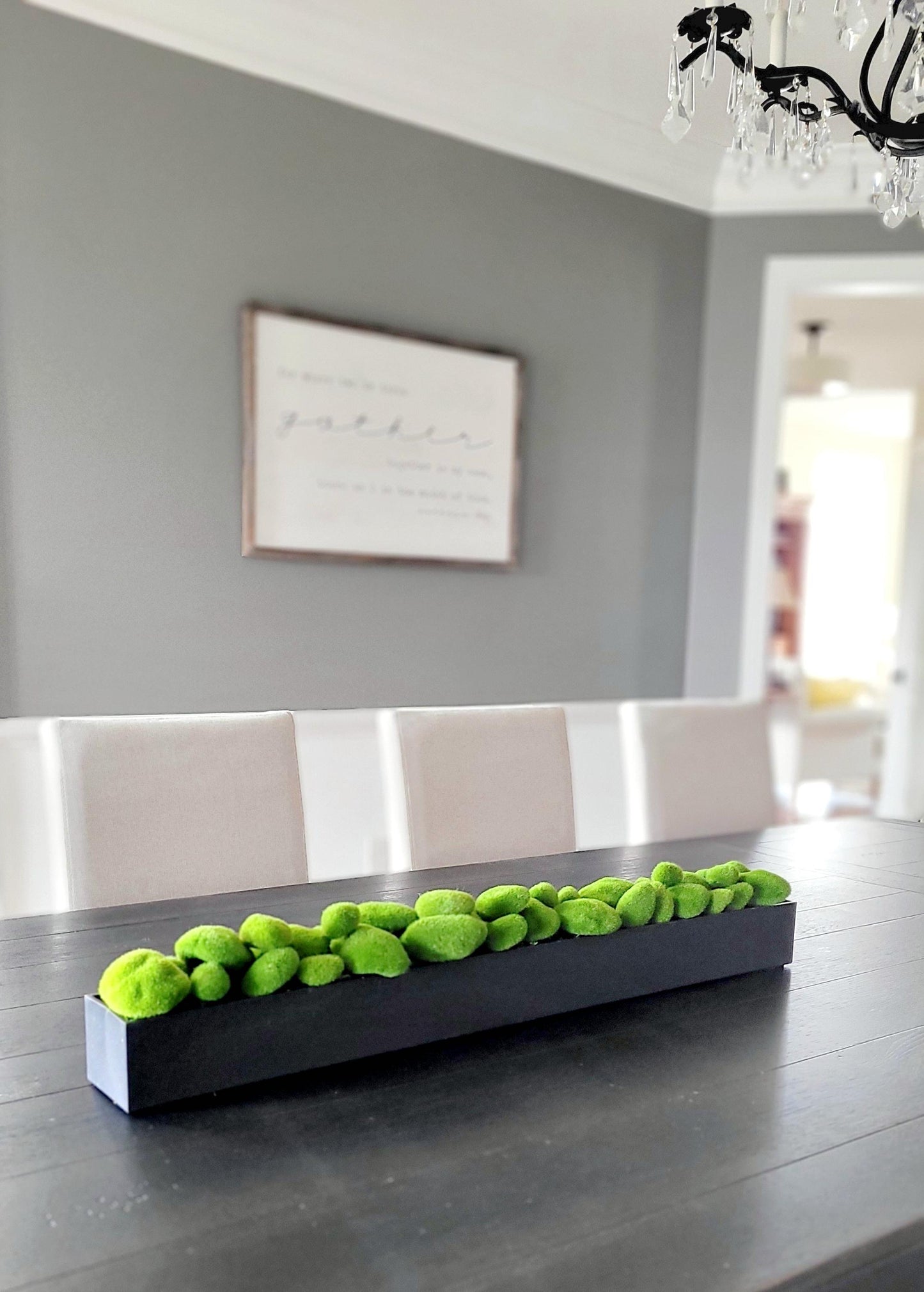 Dining Table Centerpiece Long Narrow Box Modern Faux Moss Display Elegant Table Decoration Contemporary Home Styling Realistic Green Arrangement Perfect Dinner Party Accent Minimalist Design Element Natural Looking Greenery Indoor Decor